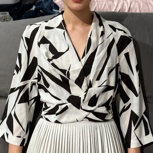 Express Black & White Abstract Wrap Blouse
